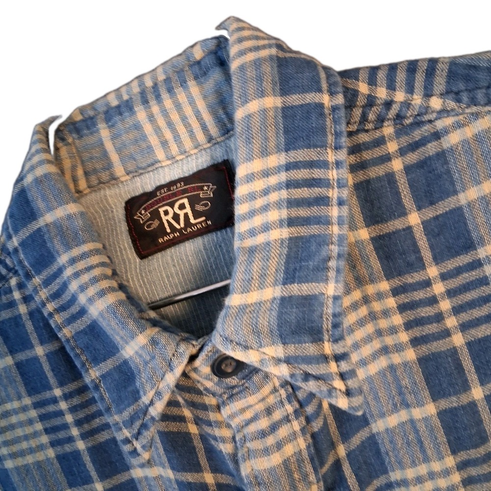 RRL Ralph Lauren Shirt Mens Medium Blue Plaid Twill Button Up Short Sleeve